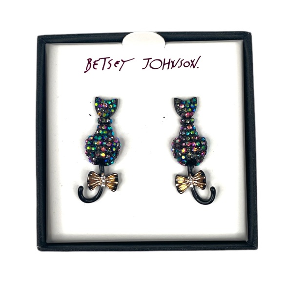 Betsey Johnson Black Cat Rhinestone Earrings Black Gold Tone - Picture 6 of 6